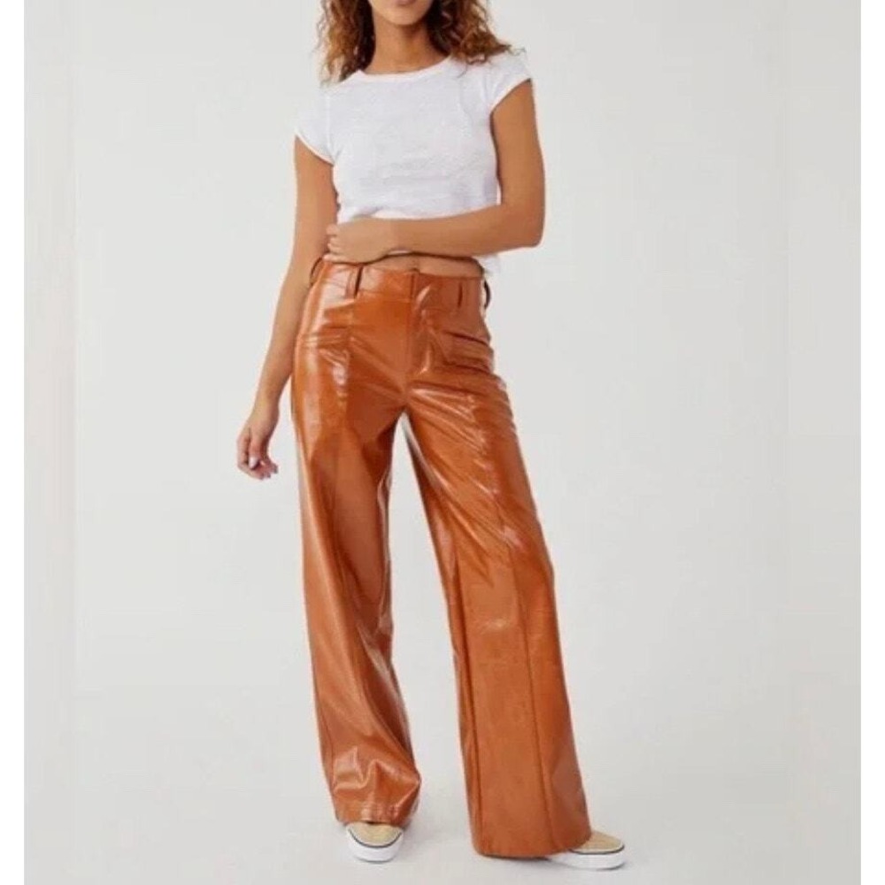 Free People‎ Pants Womens 8 Brown Faux Leather Wide Leg High Rise OB1533109